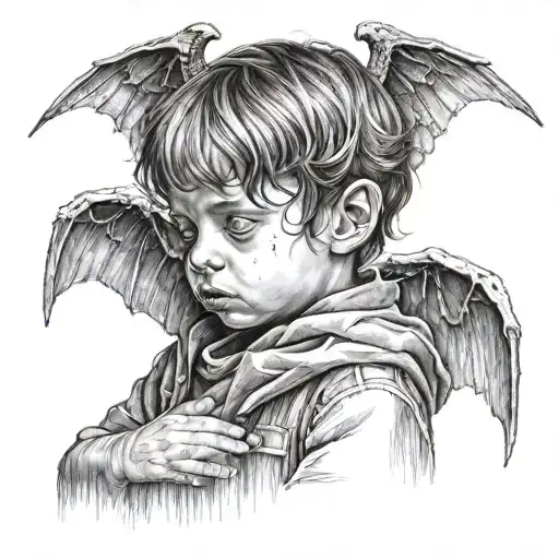 sad child with demon and agel wings  tattoo design idea
