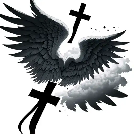 angel wings with black cross clouds tattoo design idea
