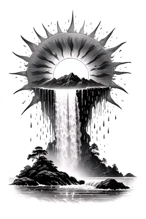 a sun melting into a waterfall that turns into rain tattoo design idea