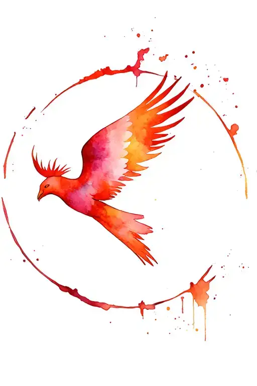 Phoenix flying in a cercle with watercolor blotch tattoo design idea