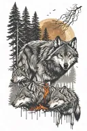 a wolf pack with their backs turned away from  the alpha wolf while it's bleeding in a forest at night with fire around  tattoo design idea