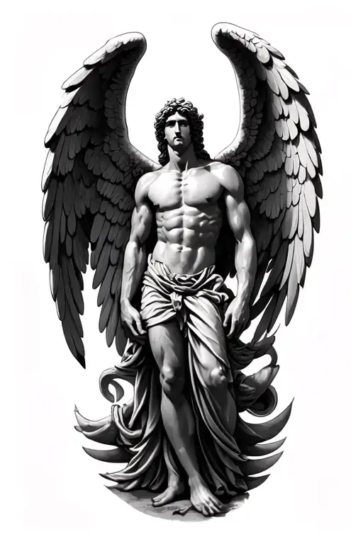 A black and grey realistic forearm tattoo design featuring the angel figure from the Led Zeppelin “Icarus” logo, muscula tattoo design idea