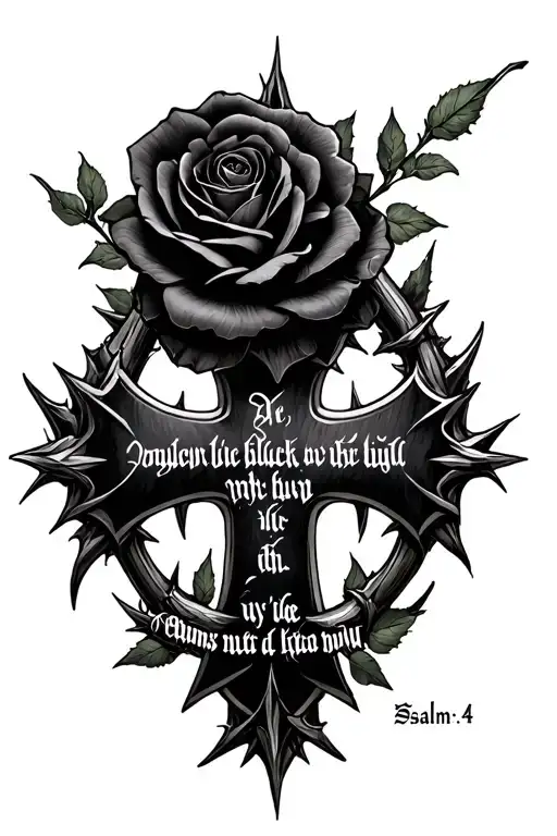 iron cross thorns and black roses with psalms 34:4 in old english at angle on top of hand  tattoo design idea