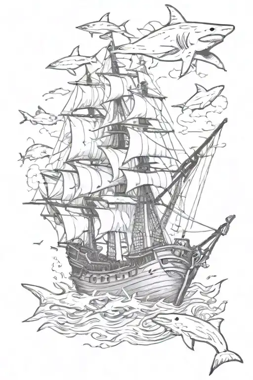 pirate ship with sharks swimming tattoo design idea