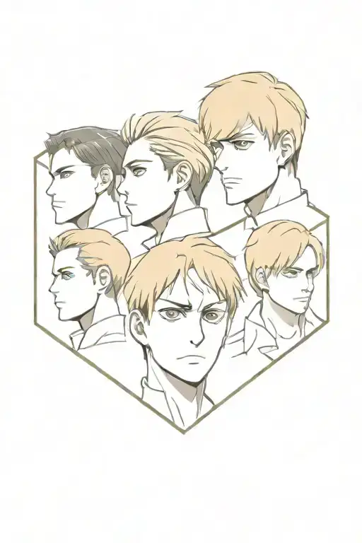 four squares with: the half face of Levi, Erwin, Reiner and Eren of Attack on Titán. one half face in each square  tattoo design idea