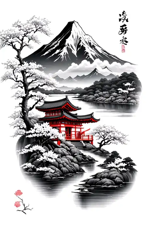 A mountain in the background with a river, sakura and a Japanese tori in the foreground tattoo design idea