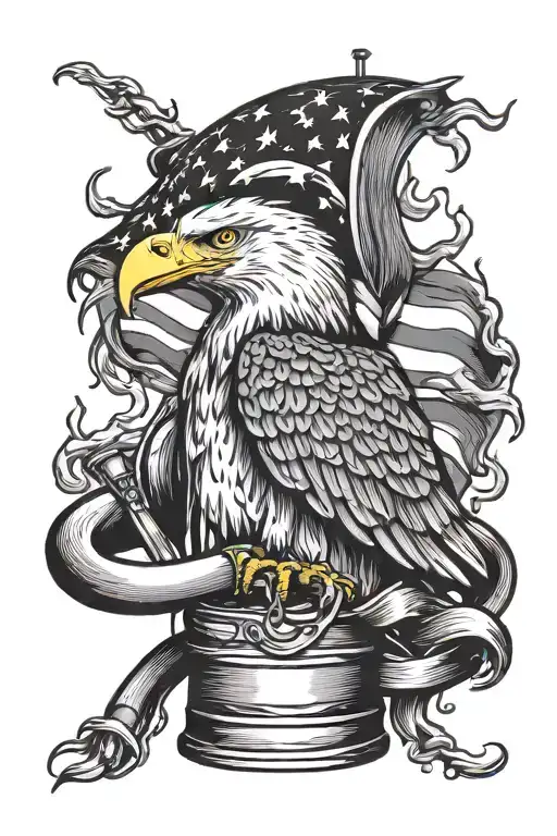 moonshine jar, fire hose fighting fire, #5, American flag, bald eagle tattoo design idea