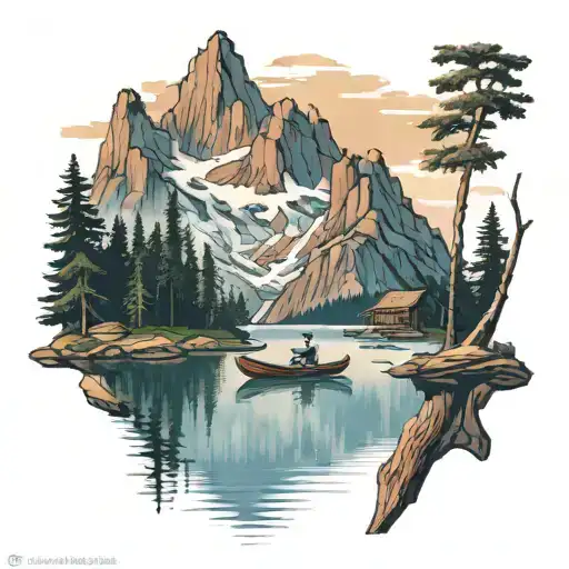 woody mountain landscape with lake in foreground with canoe in lake  tattoo design idea
