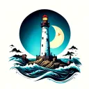 chaotic style lighthouse with crescent moon tattoo design idea