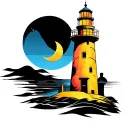 chaotic style lighthouse with crescent moon tattoo design idea