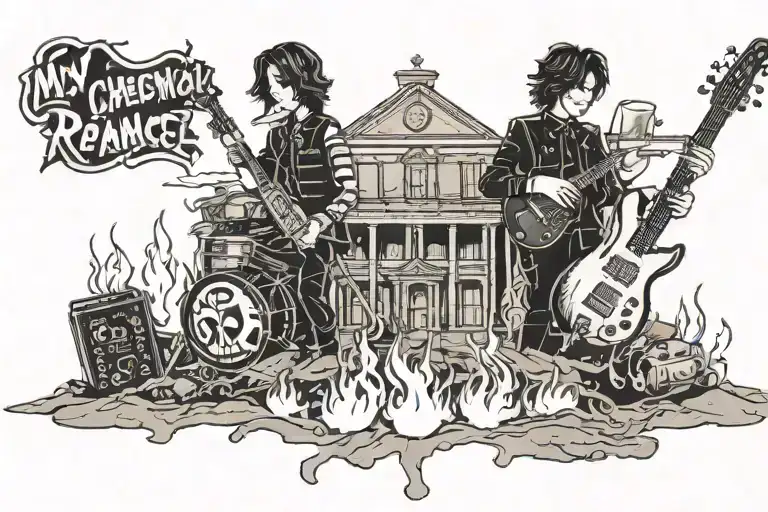 My chemical romance tattoo featuring the black parade float on fire with their instruments laying in the dirt tattoo design idea