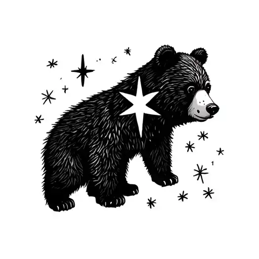 cute bear cub and north star tattoo design idea