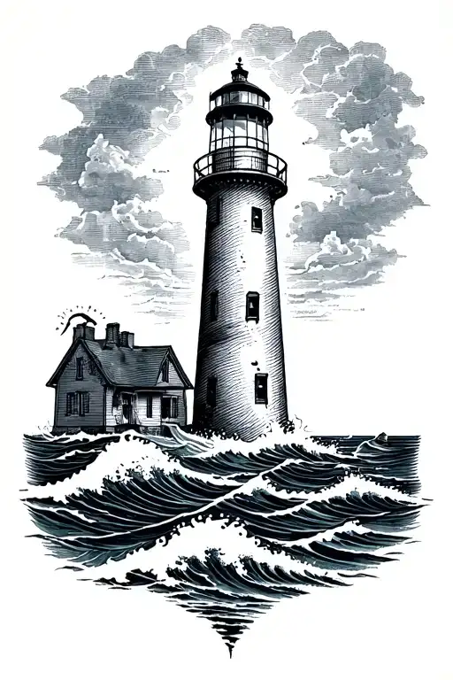 lighthouse sea waves tattoo design idea