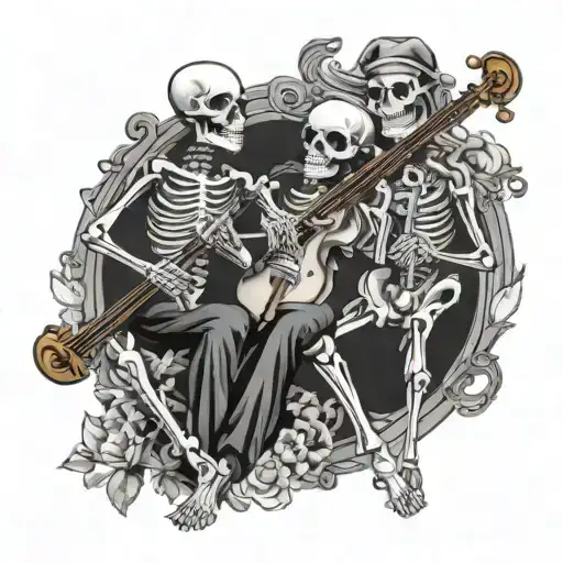 3 skeletons medieval style play music instruments violin saxophone and lyre  tattoo design idea