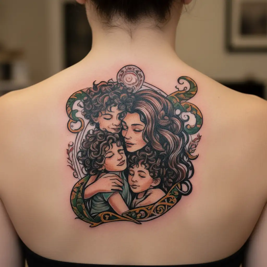 mom with long dark hair and her two sons in her hug one with curly hair  tattoo design idea