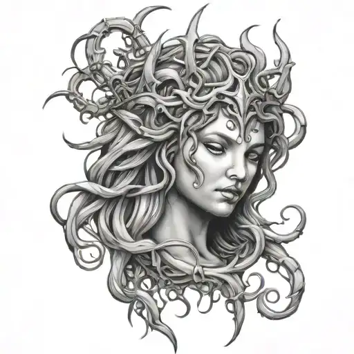 medusa and crown of thorns wrapped tattoo design idea
