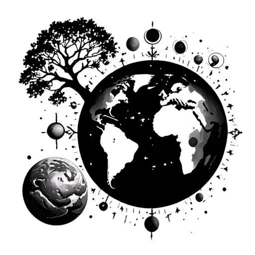 Earth, tree, family, time, heart, brain, solar system tattoo design idea