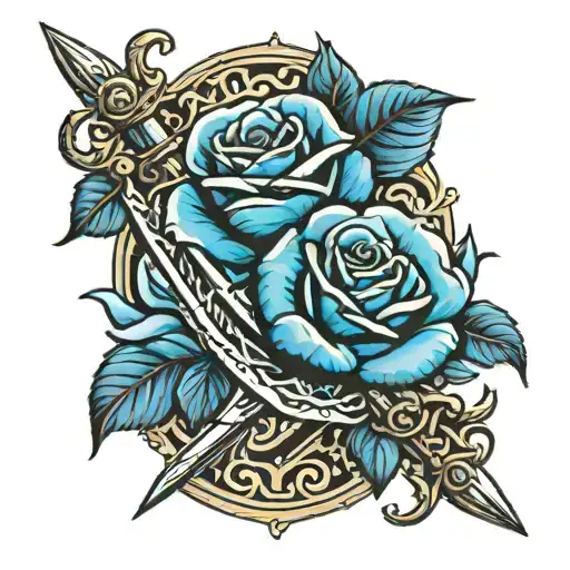Blue rose and crossing swords going down tattoo design idea