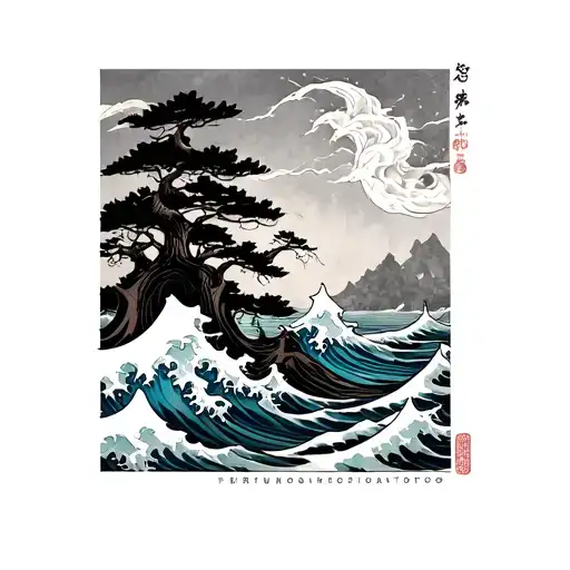 A traditional Japanese Irezumi-style tattoo featuring stylized ocean waves, flowing wind, towering redwood trees tattoo design idea