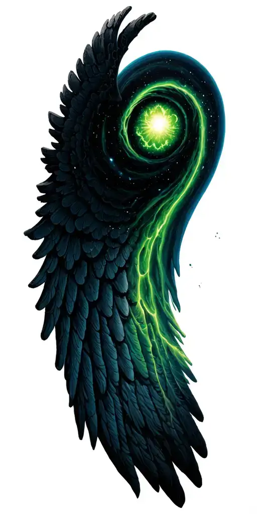 wing spread world 2 rocks a spiral black hole alien beings green face  tattoo design idea