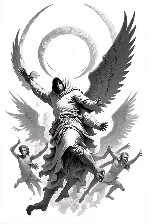 Hooded arc angel flying down to defeat a demon with angels in the background  tattoo design idea