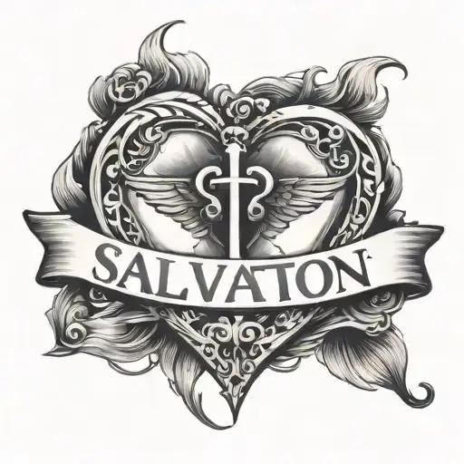 "SALVATION" with a heart around the "T" tattoo design idea