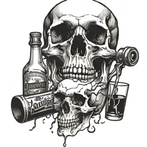 skull being poured out of a bottle of alcohol   tattoo design idea