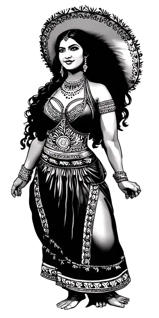 Mexican woman in traditional Mexican dress tattoo design idea