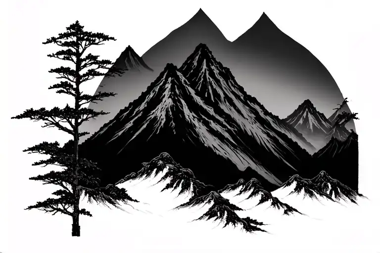 japanese mountains across front of right shoulder tattoo design idea