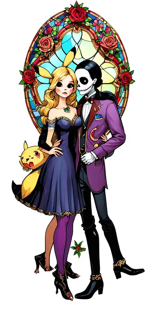 jack and Sally dressed like beauty and the beast with zero dressed like pikachu. include a stained glass window and rose tattoo design idea