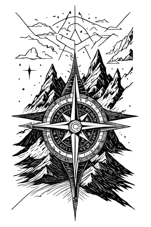 compass with mountains and elfs desighn tattoo design idea