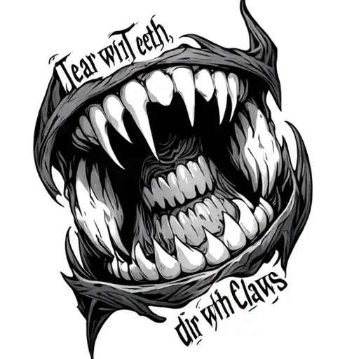 Fangs and inside the inscription "Tear with teeth, dir with claws" tattoo design idea