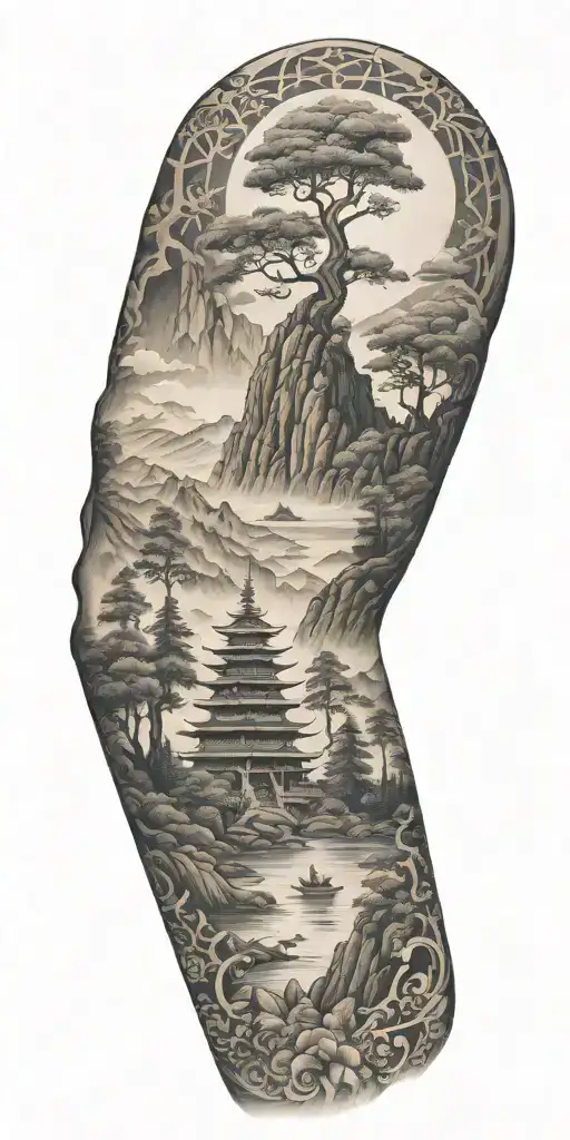 spiritual buddhist inspired tattoo featuring a traditional scenary and nature including spiritual elements tattoo design idea