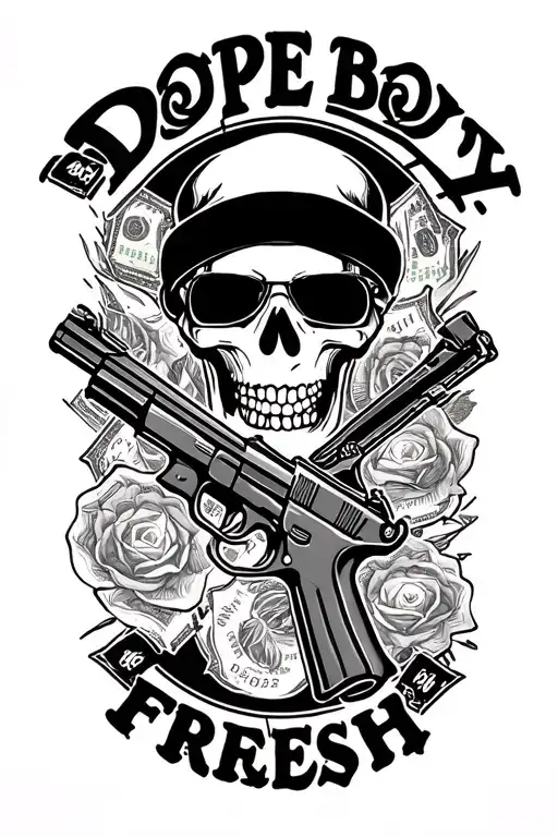 "Dope Boy Fresh" CASH GUNS AND DRUGS, DOPEBOY FRESH tattoo design idea