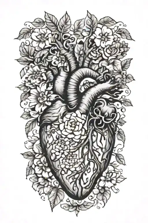 birth flower bouquet with May, August, October, November, February flowers connected  tree branches and anatomical heart tattoo design idea
