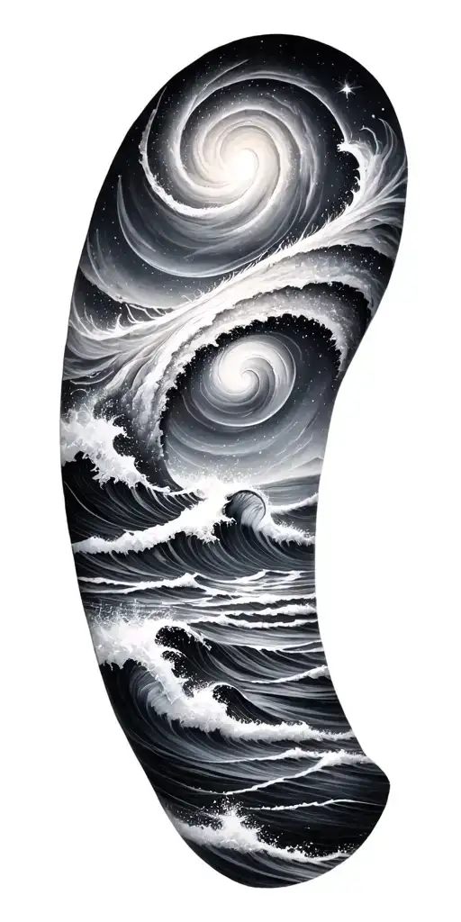 Black and grey sleeve: spiral galaxy above ocean waves, smooth transition, elegant and dark realism. tattoo design idea