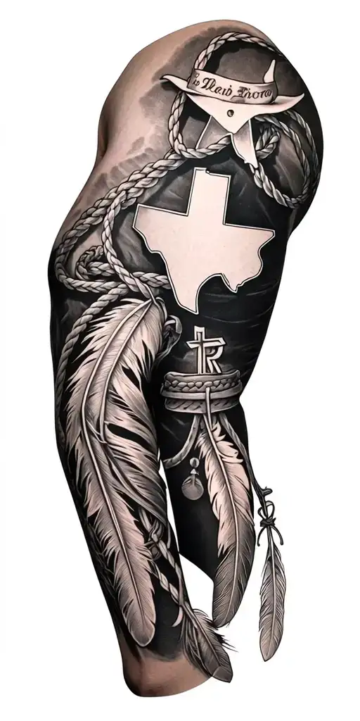 western are sleeve  masculine with cow tag RR , feathers , cross and state of texas with lasso/rope full arm drawing  tattoo design idea