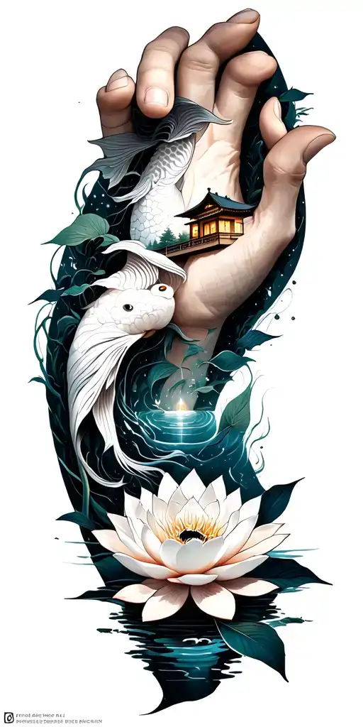 path of enlightenment along sleeve from wrist to shoulder. lotus, water, constellation, koi, bamboo, small house tattoo design idea