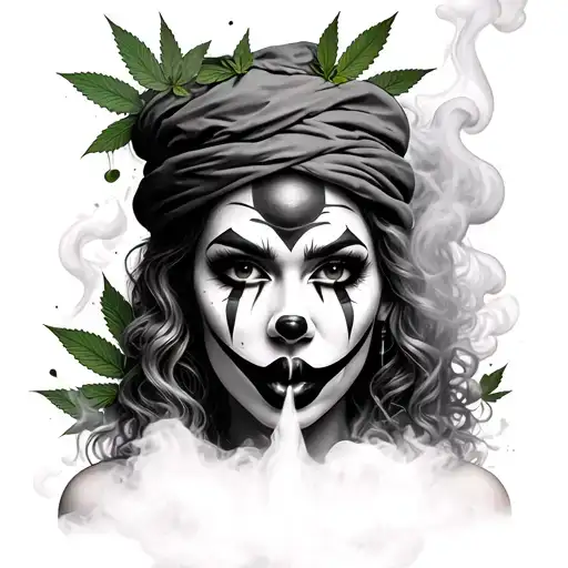 woman with very squinky eyes wearing clown chicana make up blowing smoke out and weed leaves on top of the smoke  tattoo design idea