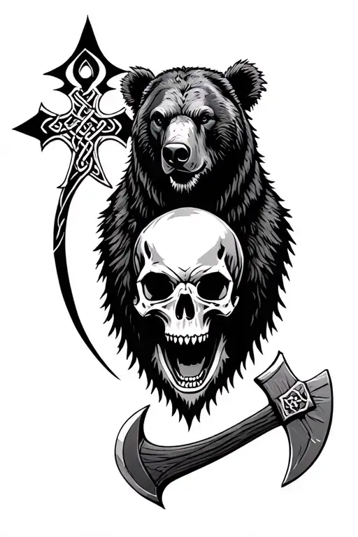 bear, Celtic cross, hammerhead shark, axe, skull, tree and raven tattoo design idea