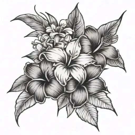 long hawaiian lei, plumeria flowers, hibiscus flower tattoo design idea