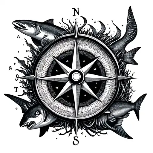A dotwork tattoo of a compass rose surrounded by various ocean creatures like fish and sharks, symbolizing your passion for the ocean and navigation tattoo design idea