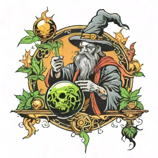 sorcerer emprisoning cannabis soul into magical orb tattoo design idea