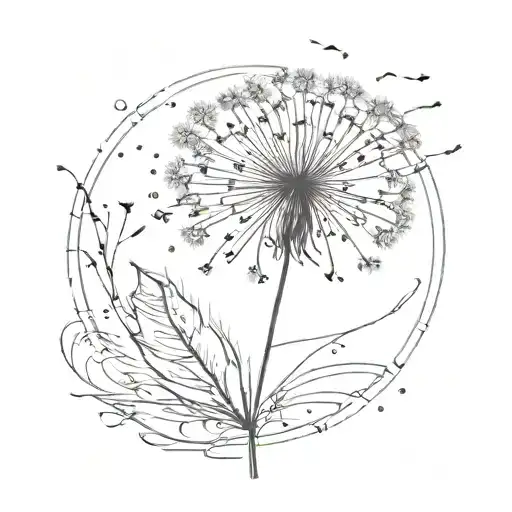 fine line dandilion blowing in the wind with the word "for the hope of it all" as the stem tattoo design idea