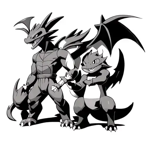 Super Saiyan Goku, Charizard and WarGreymon standing over Kid Goku, Charmander and Agumon tattoo design idea