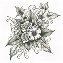 A beautiful bouquet of December and October flowers intertwined with vines and leaves, symbolizing the changing seasons and the beauty of nature tattoo design idea
