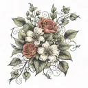 A beautiful bouquet of December and October flowers intertwined with vines and leaves, symbolizing the changing seasons and the beauty of nature tattoo design idea