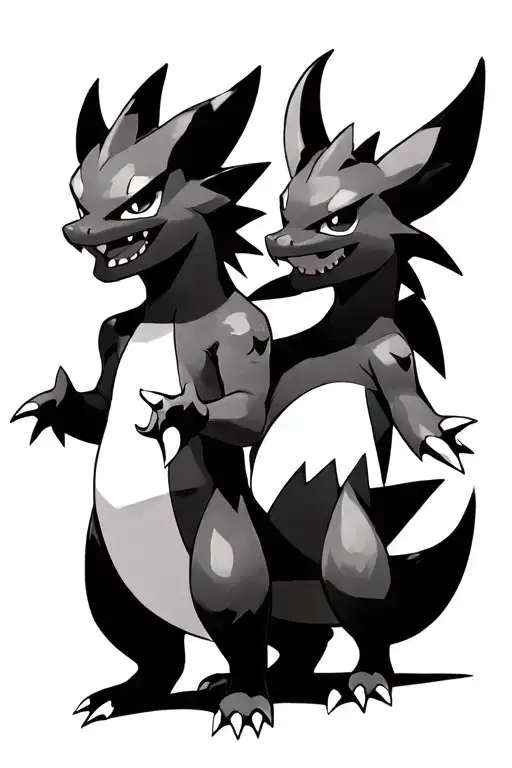 gengar, charizard, vulpix standing together tattoo design idea