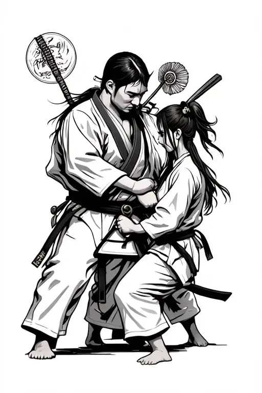 samurai warrior, jiu jitsu black belt, protecting two daughters tattoo design idea