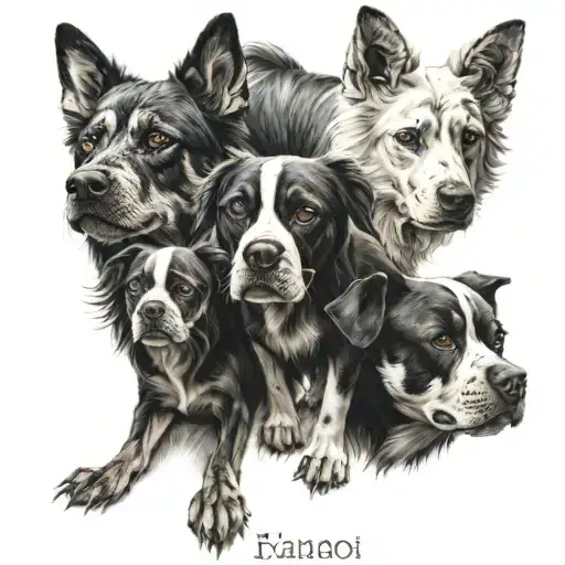 a cerberus, first head of a black dog, second head of a mexican skull dog and the third head of a white and brown dog tattoo design idea